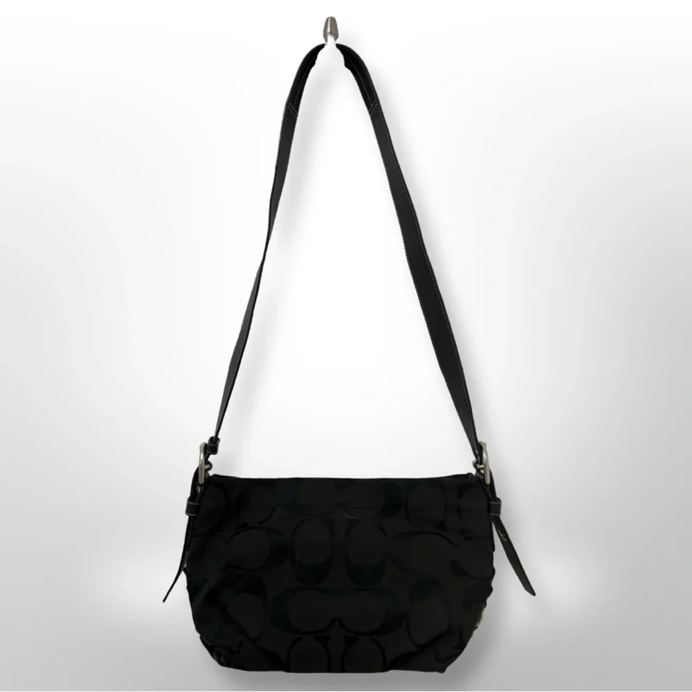 Coach Black Signature Shoulder Bag with Dark Brown Strap